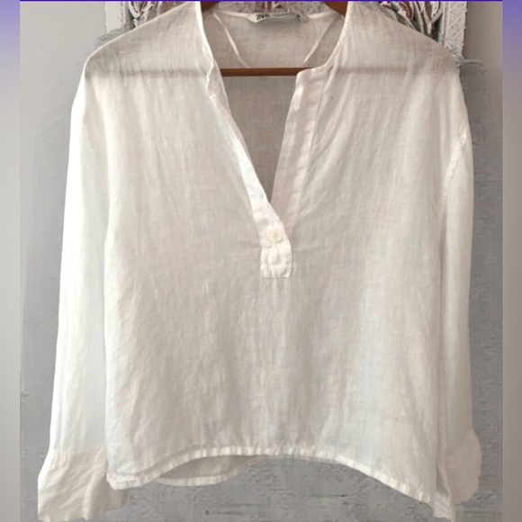 ❗️out of stock❗️ZARA linen popover henley blouse long sleeve shirt top - Picture 3 of 8